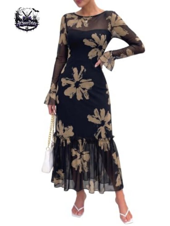 Dresses & Skirts - Women's Long Sleeve Floral Mesh Maxi Dress Formal Wedding Guest